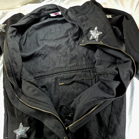 Buddy Love Black Sequin Star Military Utility Jacket Cotton Canvas Parker Cargo - Picture 11 of 13